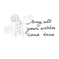 May All Your Wishes Come True vector card. Hand drawn illustration of dandelions with seeds blowing in the wind. Handwritten quote. Cute card. Accomplishment of desires concept