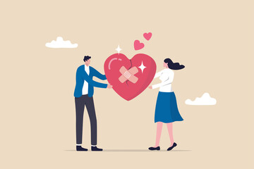 Forgiveness to keep relationship last long, togetherness or love couple concept, happy man and woman, husband and wife with bandage on broken heart shape as forgiveness symbol. - obrazy, fototapety, plakaty