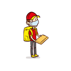 Courier. Deliveryman. A young guy with a backpack holds a box. Work for a teenager. Teenager work on vacation. Hand drawn cartoon vector.