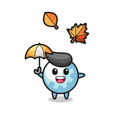 cartoon of the cute golf holding an umbrella in autumn