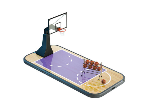 basketball training app. basketball court on top of smartphone. Application concept. 3d rendering