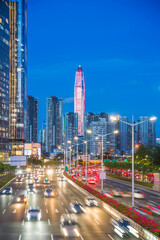 modern buildings in china shenzhen from elevated road at night
