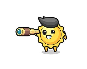 cute sun character is holding an old telescope
