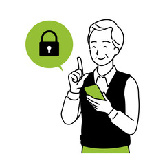 Illustration of a senior who operates a smartphone, a smile.