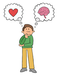 Cartoon man thinks he should listen to his heart or his mind, vector illustration