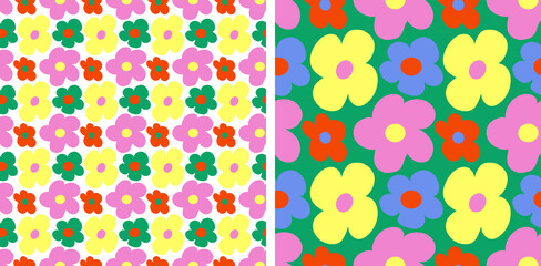 Bright abstract flowers seamless pattern. Endless botanical vector ornament. Naive art floral background.