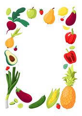 Rectangular frame made of vegetables, fruits and berries. Vector illustration isolated on white background. For the design and decoration of markets, fairs, menus of restaurants and cafes. 