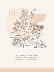 Motivational phrase poster. Women doing yoga activity at home, studying class distance illustration in vector.