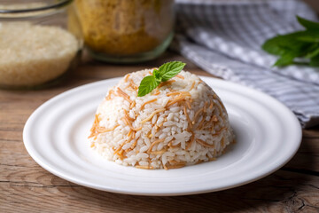 Traditional delicious Turkish food; Turkish style rice pilaf (Turkish name; Arpa sehriyeli pirinc pilavi)