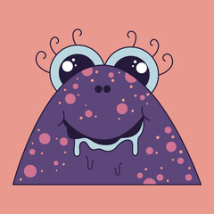Adorable hungry abstract character in doodle hand drawn style. Vector illustration of a purple monster with a pink dots. . Vector illustration