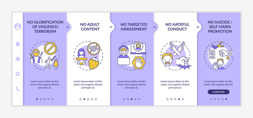 Social media conversation safety onboarding vector template. Responsive mobile website with icons. Web page walkthrough 5 step screens. No hateful conduct color concept with linear illustrations