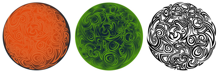 Set of patterned colorful balls. Three variants of a 3d ball. Patterned circle options. Mystical sun or moon abstract vector illustration. Tattoo template. Resource for design. Cartoon planets.