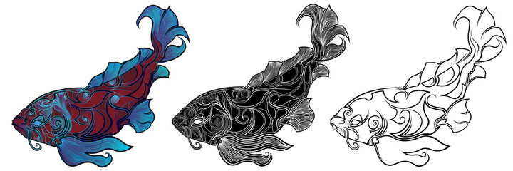 Japan fish vector icon. Three variants of the logo of a mythical fish in a tattoo style. Vector illustration Japan fish on white background. Isolated cartoon icon aquarium animals. Icon of Pisces.