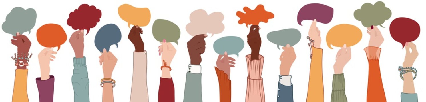 Group Raised arms multi-ethnic multicultural people holding speech bubble in hand.Diverse people talking chatting and sharing information on social.Diversity group people.Racial equality