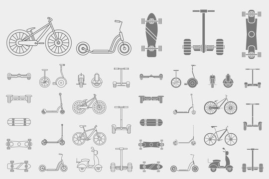 Electric transport Icons set - Vector outline symbols and silhouettes of scooter, skate, skateboard and bike for the site or interface