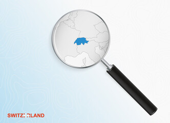Magnifier with map of Switzerland on abstract topographic background.