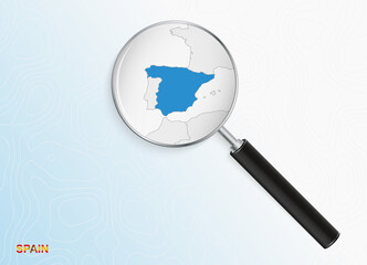 Magnifier with map of Spain on abstract topographic background.