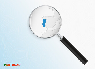 Magnifier with map of Portugal on abstract topographic background.