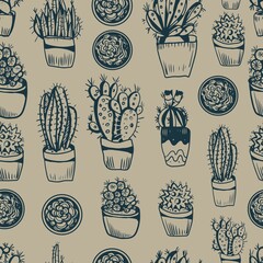 Cacti scandinavian style graphic vector illustration hand drawn doodle sketch set patern seamless. print textiles paper nature indoor plants in pots mexico exotic succulents. Boho hugo vintage