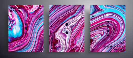 Abstract liquid placard, fluid art vector texture set. Beautiful background that applicable for design cover, invitation, flyer and etc. Purple, aquamarine and pink unusual creative surface template.