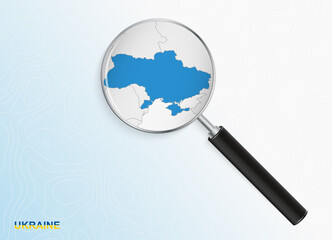 Magnifier with map of Ukraine on abstract topographic background.