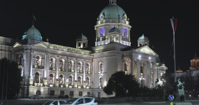 Serbian Government National Assembly Building at Night in Belgrade Serbia