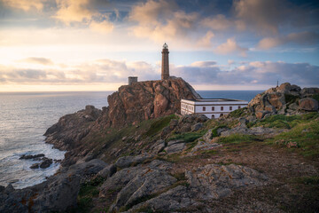 Cape Vilan lighthouse at sunset in Camari&ntilde;as, Galicia, Spain