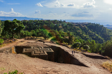 Main View to the Church of Saint George, one of many churches hewn into the rocky hills of Lalibela, Ethiopia