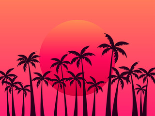 Fototapeta na wymiar Tropical sunset with palms and gradient sun in 80s style. Design for advertising brochures, banners, posters, travel agencies. Vector illustration