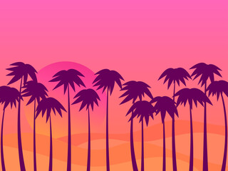 Fototapeta na wymiar Desert sunset with palms and 80s gradient sun. Sand dunes in a flat style. Design for advertising brochures, banners, posters, travel agencies. Vector illustration