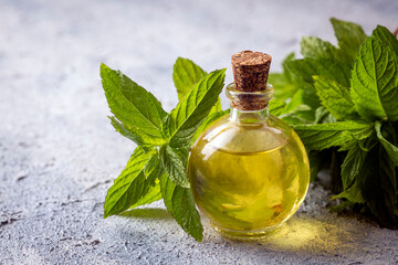 Glass bottle of peppermint essential oil with fresh green mint leaves, mint oil © Esin Deniz