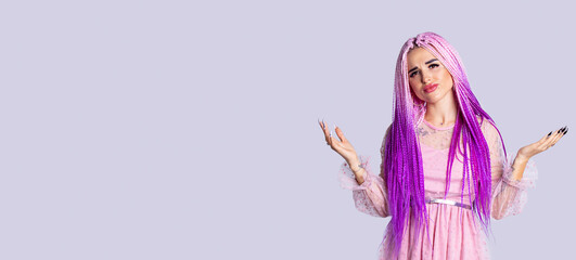 Banner, long format on grey background for your ad. Closeup portrait young modern woman with pink hair shrugging hands and shoulders, studio shot. Body language, gestures dissatisfaction, confusion