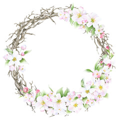 Floral spring wreath with pink apple flowers, dry branches and green leaves hand drawn in watercolor isolated on a white background. Watercolor illustration. Floral watercolor wreath	

