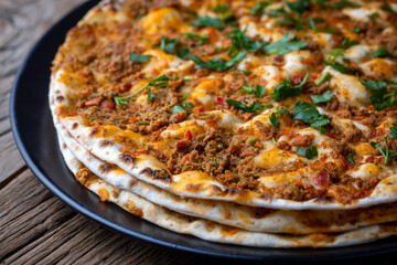 Traditional delicious Turkish foods; Turkish pizza (Turkish name; Lahmacun)
