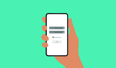 Log in screen. Mobile application interface, registration form with login and password fields.