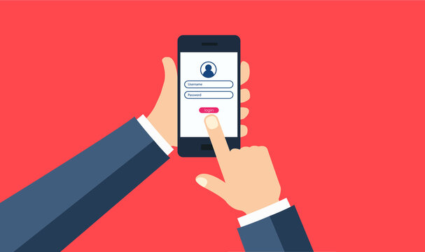 Log In Screen. Mobile Application Interface, Registration Form With Login And Password Fields. Hands Holding.