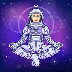 Figure of a woman astronaut sitting in a Buddha pose. Meditation in space. Color drawing. Background - the night star sky. Vector illustration.  Print, poster, t-shirt, card.