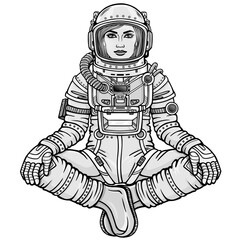 Animation figure of the woman astronaut sitting in a Buddha pose. Meditation in space.  Monochrome drawing. Vector illustration isolated on a white background.  Print, poster, t-shirt, card.