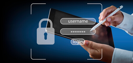 Cyber security and concept data protection. User typing login and password select the key icon...