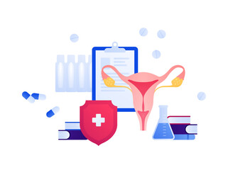 Gynecology and female reproductive system research concept. Vector flat medical illustration. Book, medicine, uterus, pill, suppository and red shield with cross symbol. Design for healthcare, science