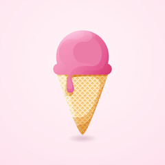 Różowe lody w wafelku. Roztapiający się słodki deser.  Lód w rożku, jedna kulka - wzór tła lub tapety. Smak malinowy.