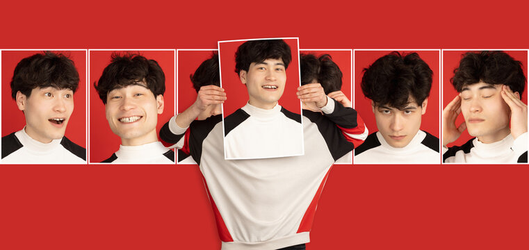 Young Asian boy holding portraits with different emotions, facial expression isolated on red background.