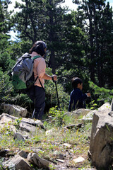 Mother and a young kid hiking on the outdoors  in Montana's Glacier national park in summer.