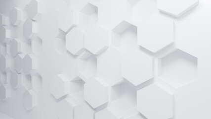 White hexagon honeycomb shape moving randomly, Abstract, Embossed Hexagon, White geometric hexagonal abstract background. 3D illustration rendering. © Nuchjaree