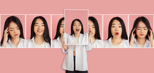 Young Asian beuatiful girl showing her portraits with different emotions isolated on pink...