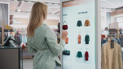 Beautiful Female Customer Using Floor-Standing LCD Touch Display while Shopping in Clothing Store. She is Choosing Stylish Bags, Picking Different Designs from Collection. People in Fashionable Shop. - Powered by Adobe