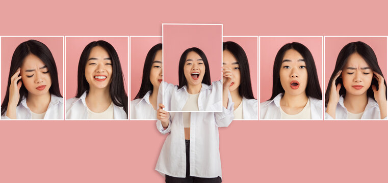 Young Asian beuatiful girl showing her portraits with different emotions isolated on pink background. Concept of facial expressions.