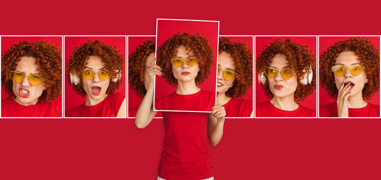 Young red headed beuatiful girl showing her portraits with different emotions isolated on red background. Concept of facial expressions.