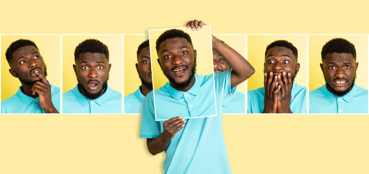 Smiling young Africa man holding portraits with different emotions, facial expression isolated on yellow background.
