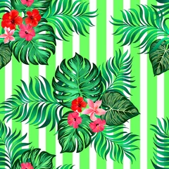 Foto op Aluminium Tropic illustration. Vector botanical pattern with jungle leaves and hibiscus flowers. Summer design. © Logunova  Elena